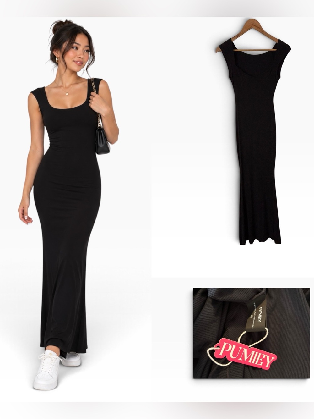 PUMIEY Square Neck Ribbed Long Bodycon Maxi Dress - Size XS
